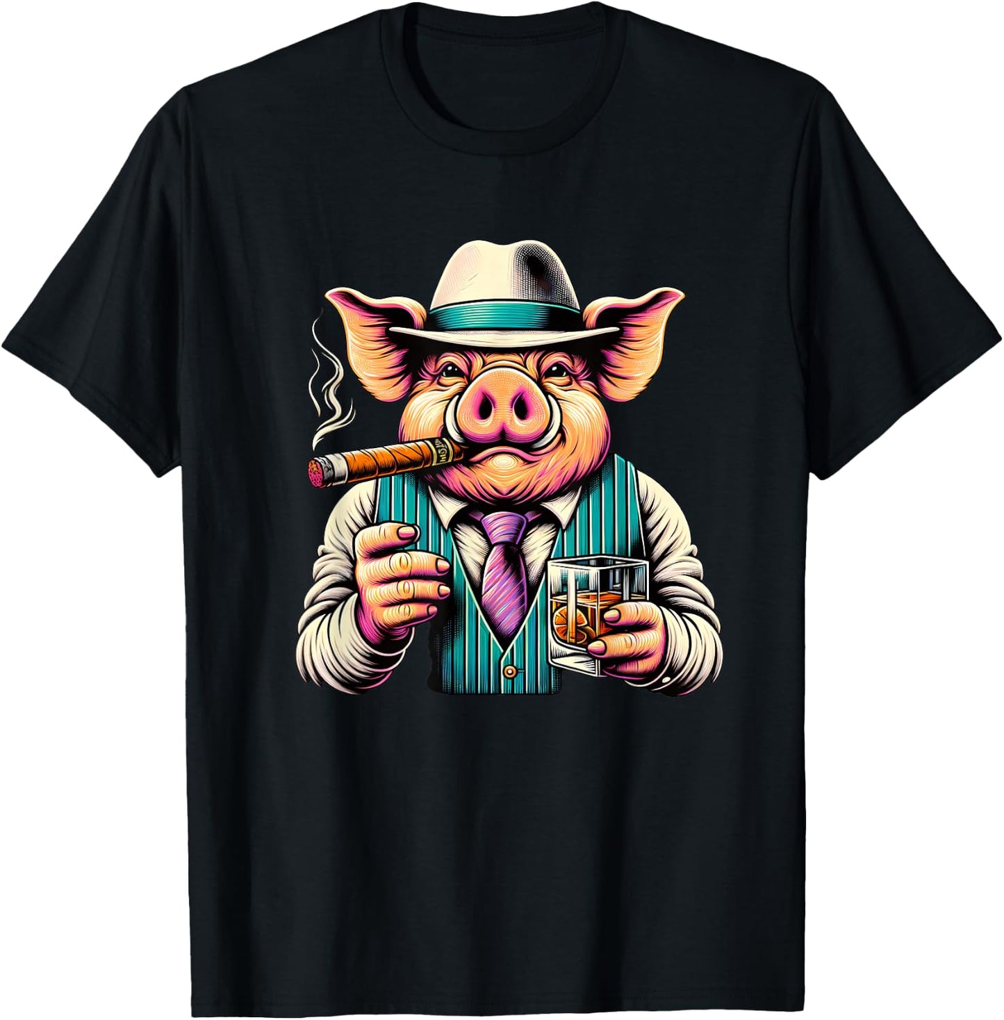 Pig Cigar And Whiskey T-Shirt - T-Shirt | Black