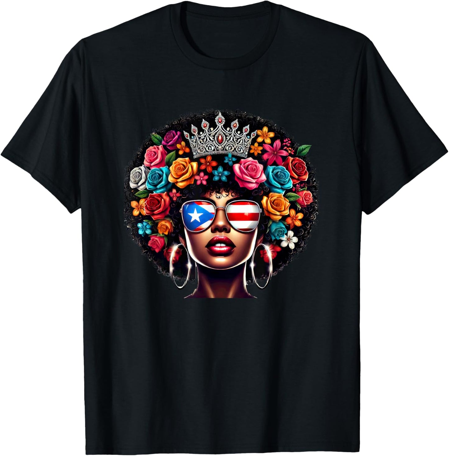 Afro Boricua Queen Crown Flowers Sunglasses Puerto Rico Flag T-Shirt - T-Shirt | Black