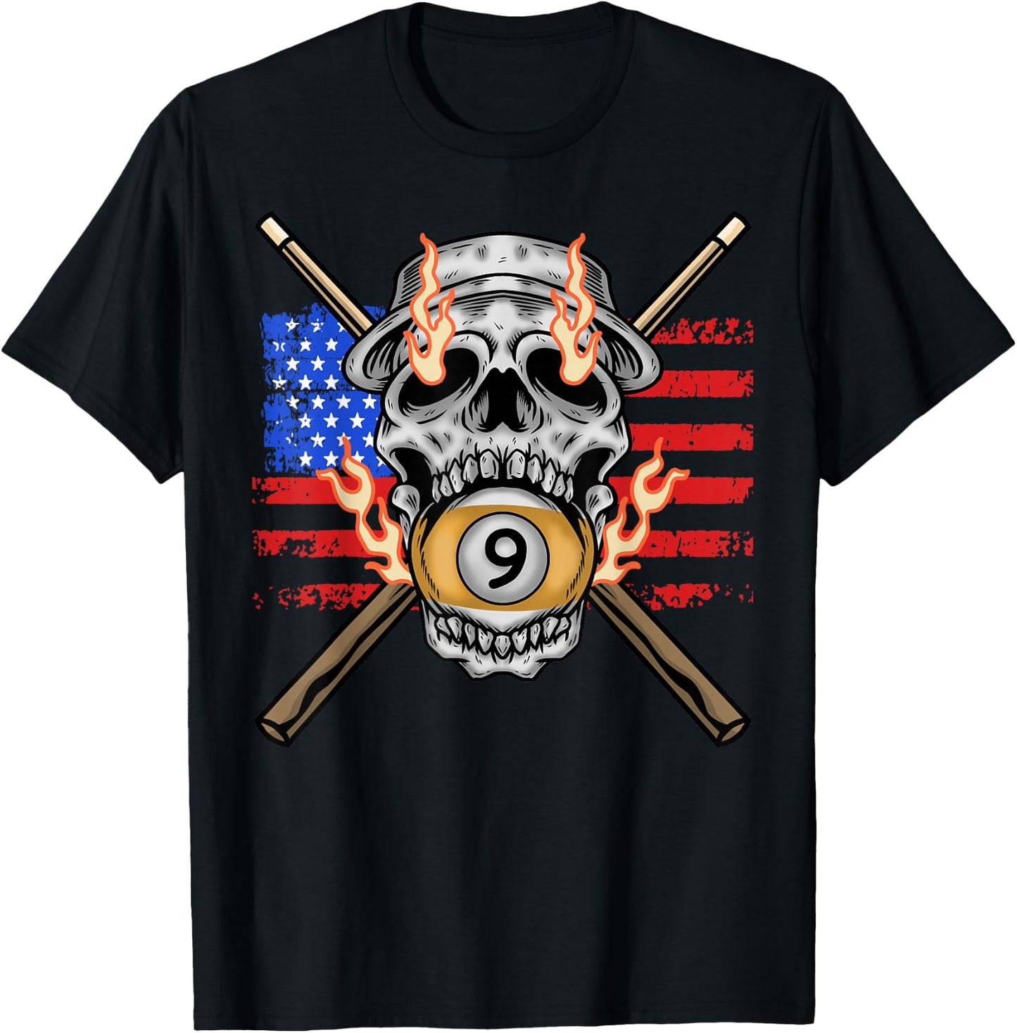 9 Ball Billiard Pool Player American Flag Skull Billiards T-Shirt - T-Shirt | Black