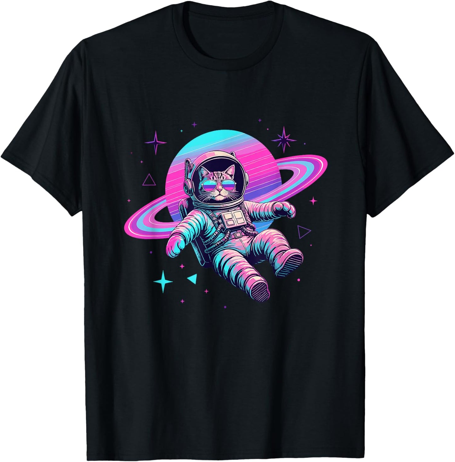 Galaxy Space Cat Astronaut with Planet Rings T-Shirt - T-Shirt | Black