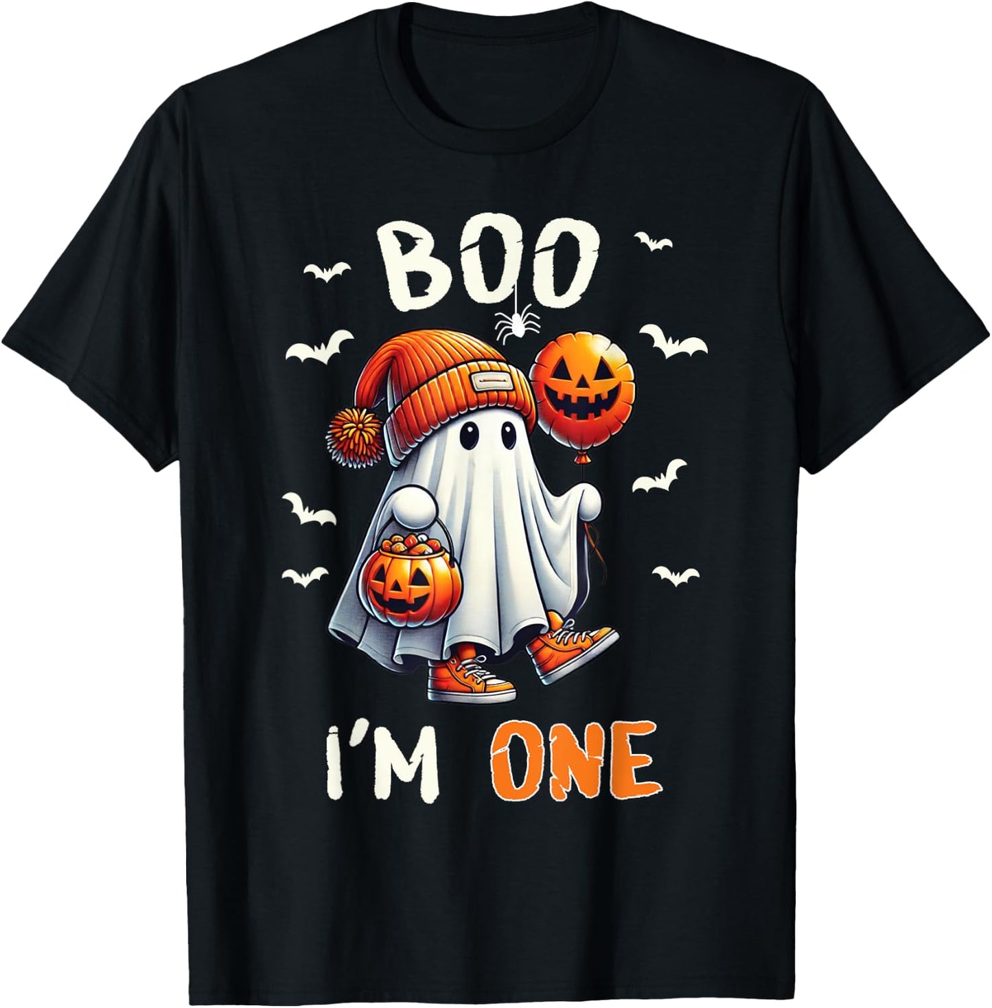 Boo I'm One Ghost 1st Birthday Halloween Boy Kids Groovy T-Shirt - T-Shirt | Black