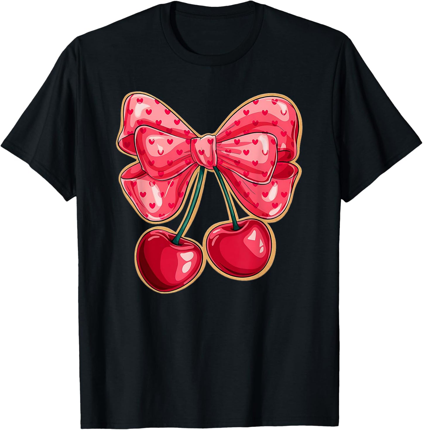 Cute Coquette Bows with Cherries and Hearts Aesthetic Bow T-Shirt - T-Shirt | Black