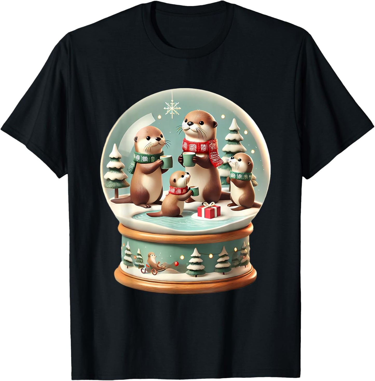 Christmas Otter Snow Globe Scene Family Holiday Xmas T-Shirt - T-Shirt | Black