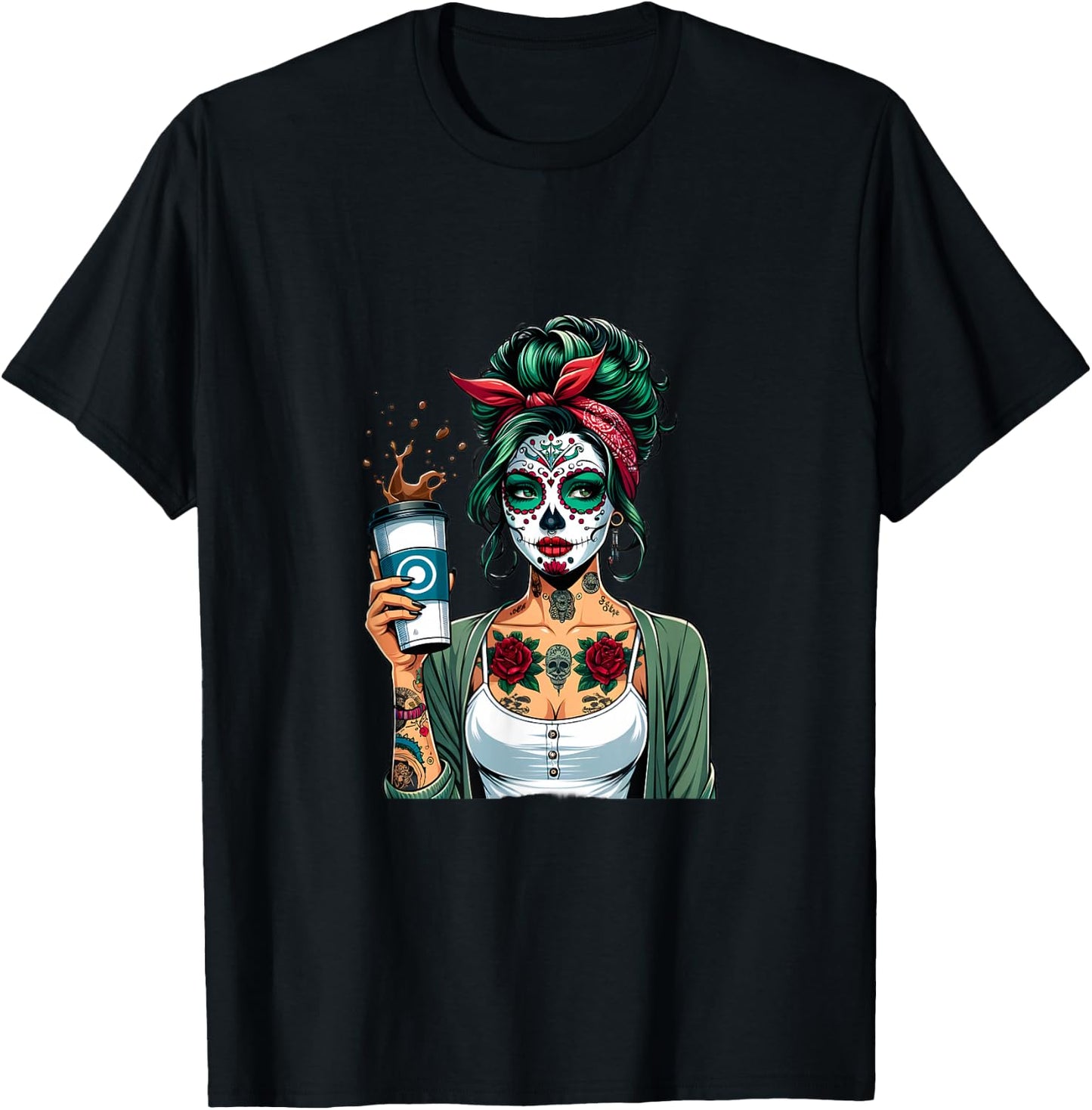 Retro Woman Diva Coffee Skull Make-Up Vintage Pin-Up T-Shirt - T-Shirt | Black