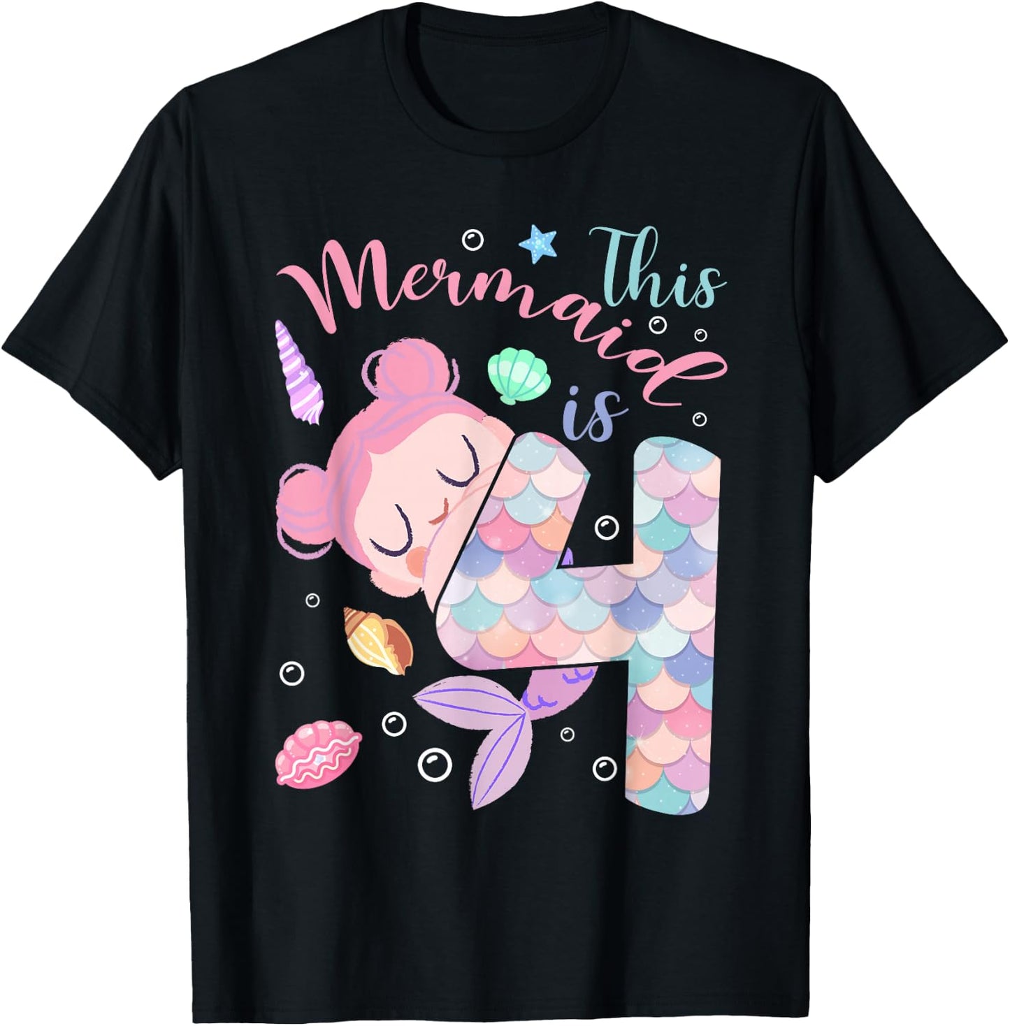 This Mermaid Is 4 Year Old Birthday Kids Girls 4th Birthday T-Shirt - T-Shirt | Black
