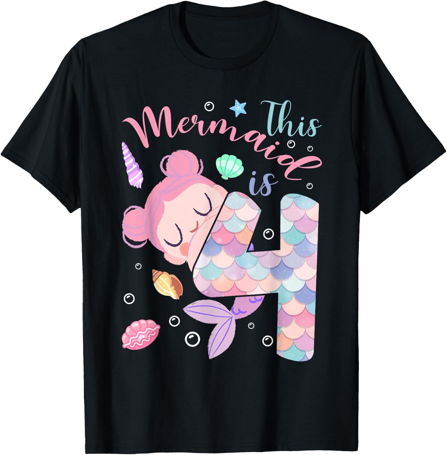 This Mermaid Is 4 Year Old Birthday Kids Girls 4th Birthday T-Shirt - T-Shirt | Black