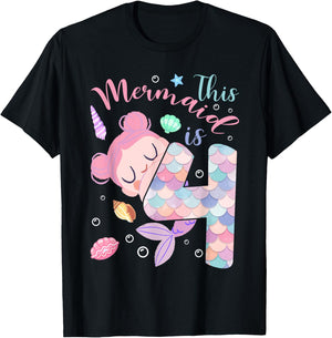 This Mermaid Is 4 Year Old Birthday Kids Girls 4th Birthday T-Shirt - T-Shirt | Black