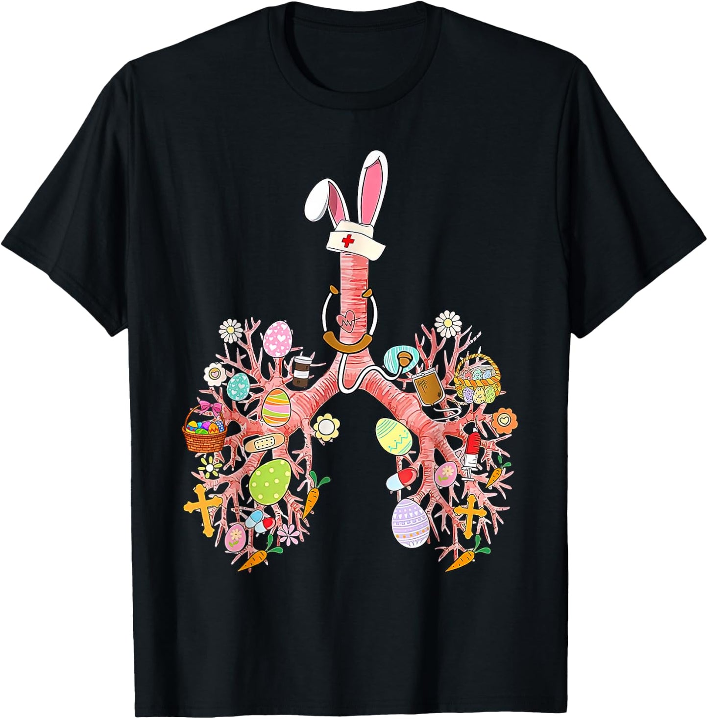 Bunny Lungs Respiratory Nurse Easter Day RT Therapist Eggs T-Shirt - T-Shirt | Black