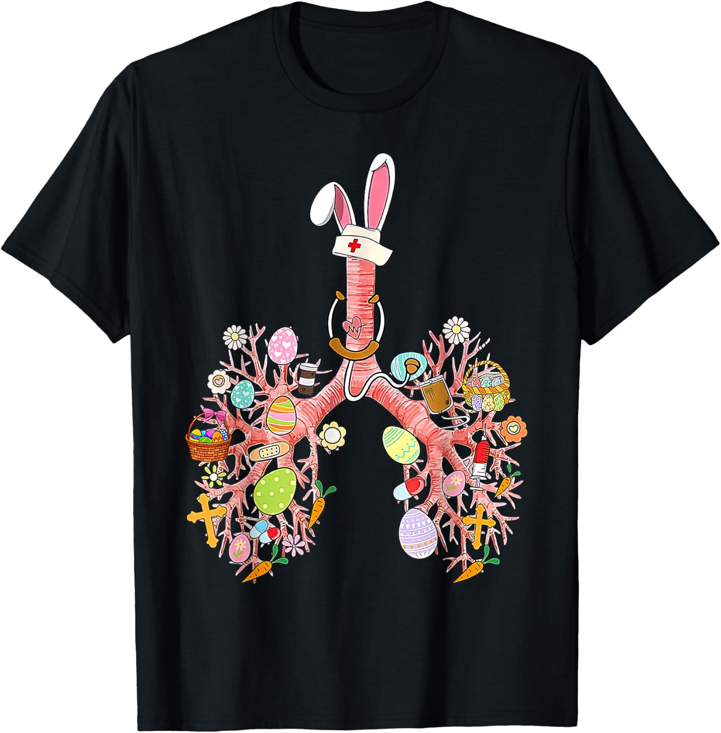 Bunny Lungs Respiratory Nurse Easter Day RT Therapist Eggs T-Shirt - T-Shirt | Black