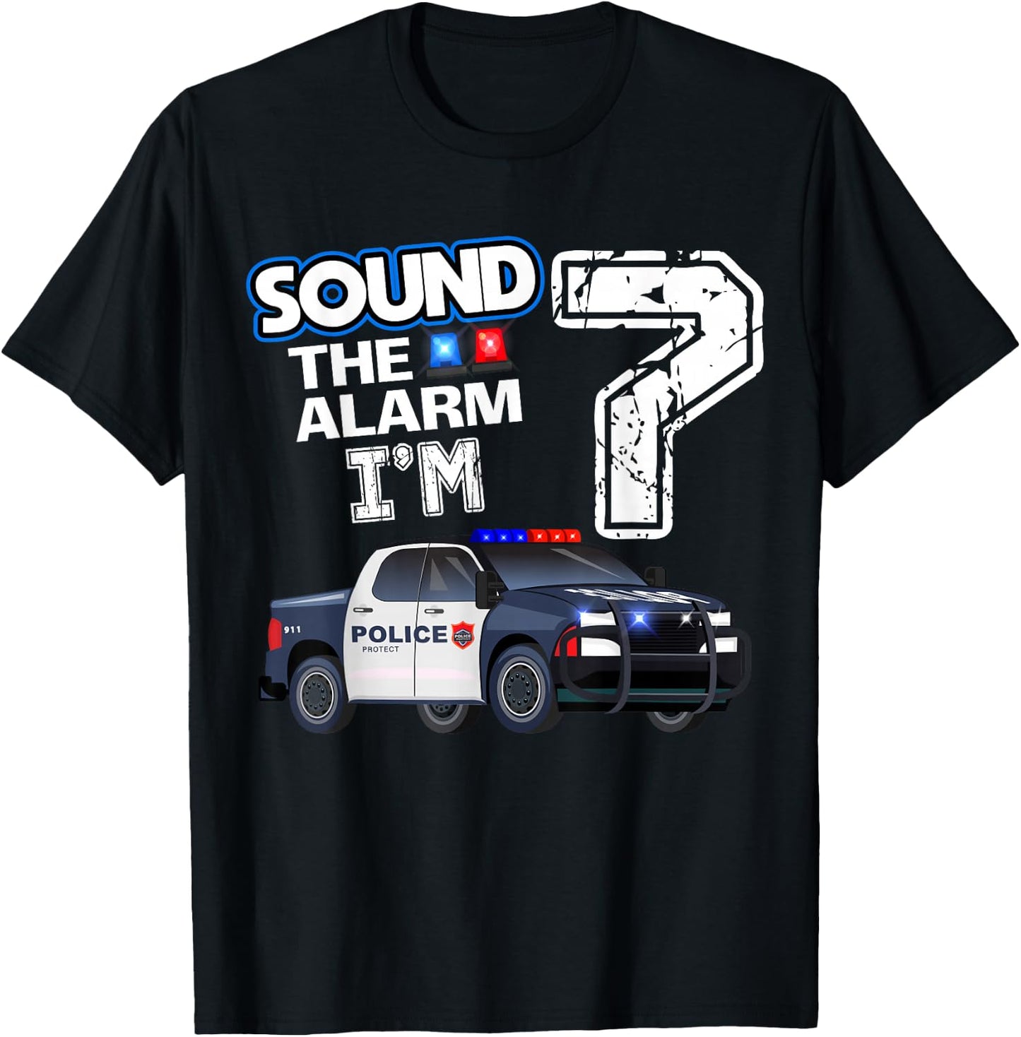 7th B-Day Police Car Policeman Officer Birthday 7 Year Old T-Shirt - T-Shirt | Black