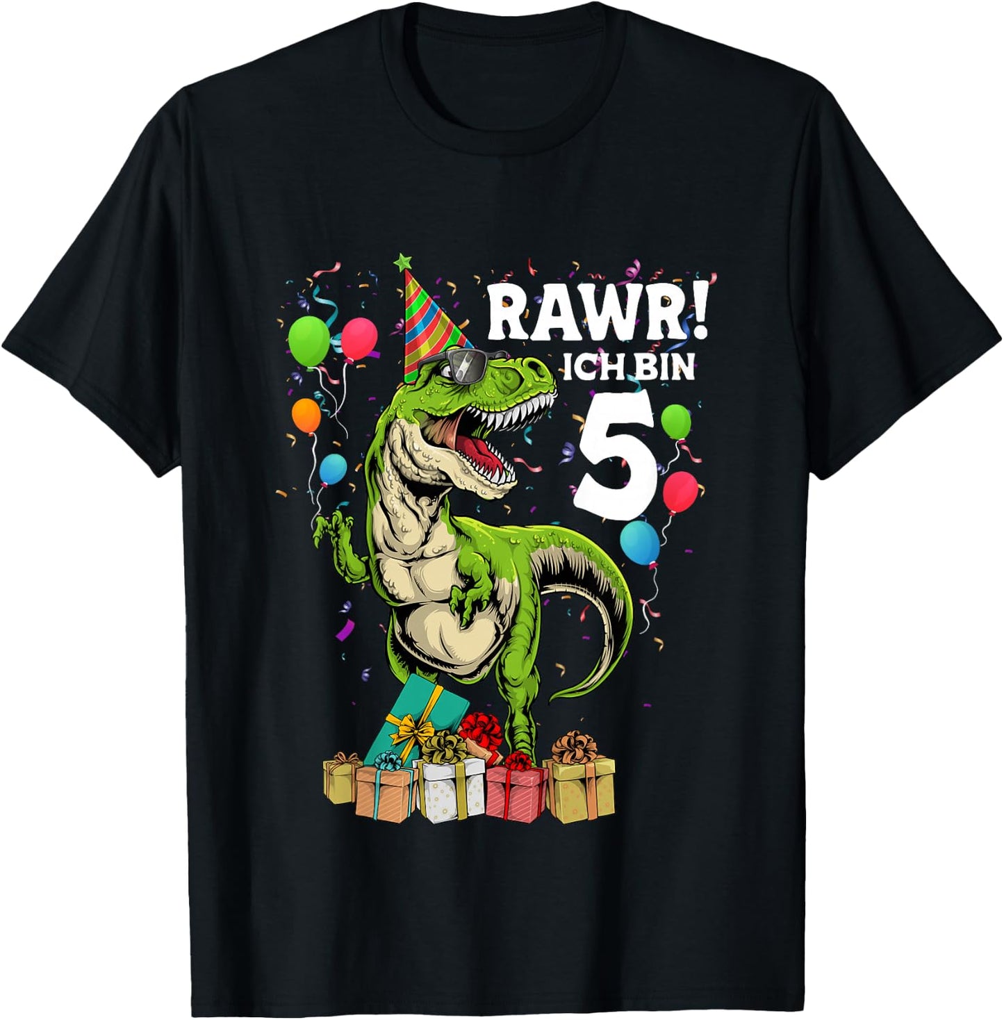 Children's Birthday Shirt 5 Years Boy Dinosaur Dino I Am 5 , black T-Shirt - T-Shirt | Black