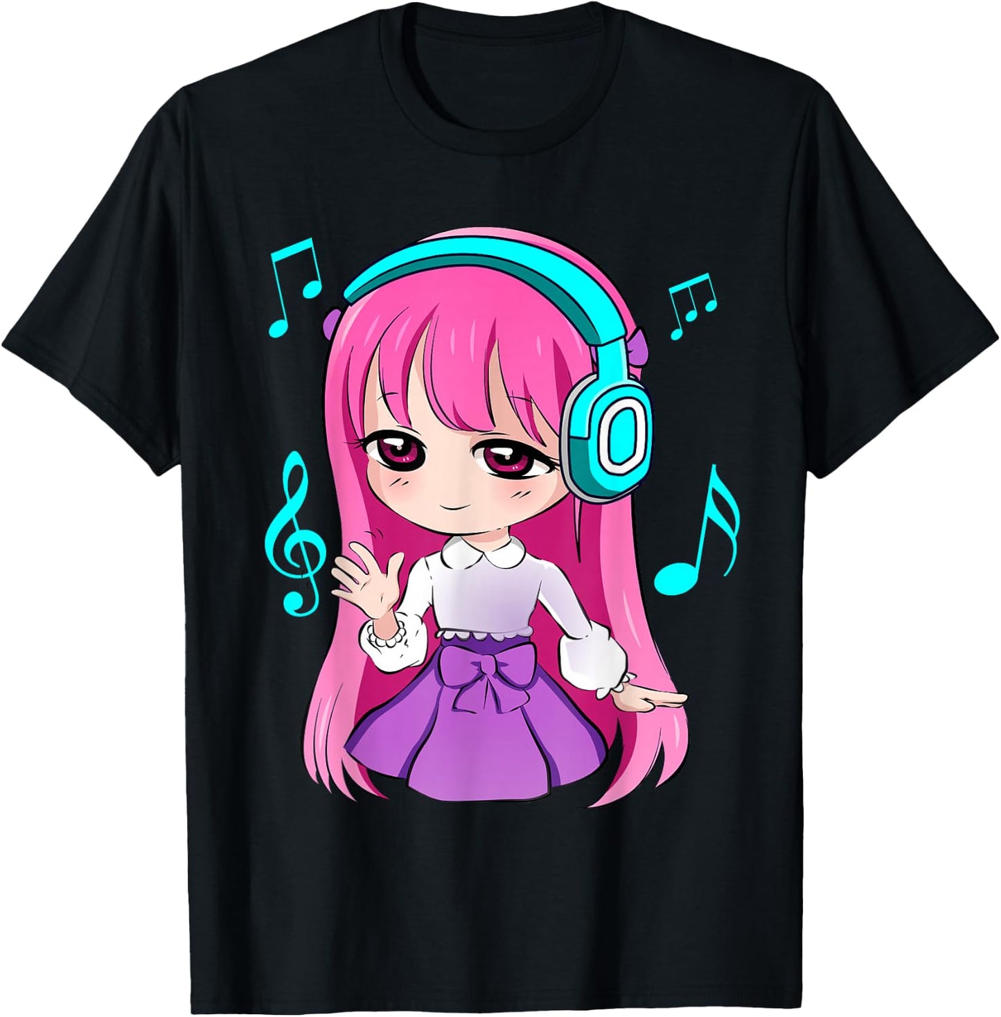 Anime and Music Girl for Teen Chibi Graphic Anime Girl T-Shirt - T-Shirt | Black