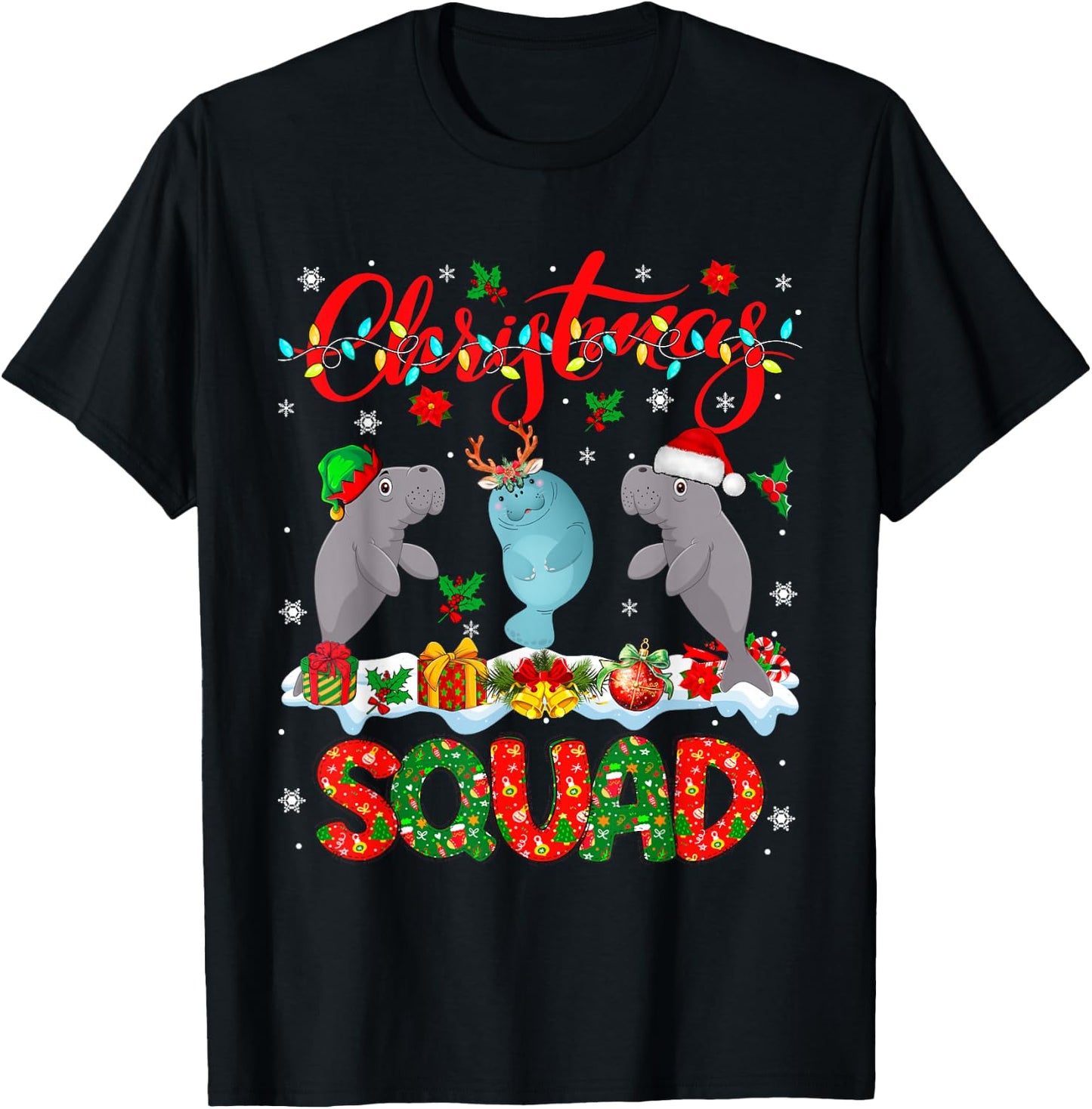 Christmas Squad Three Santa Reindeer Elf Manatees Xmas T-Shirt - T-Shirt | Black