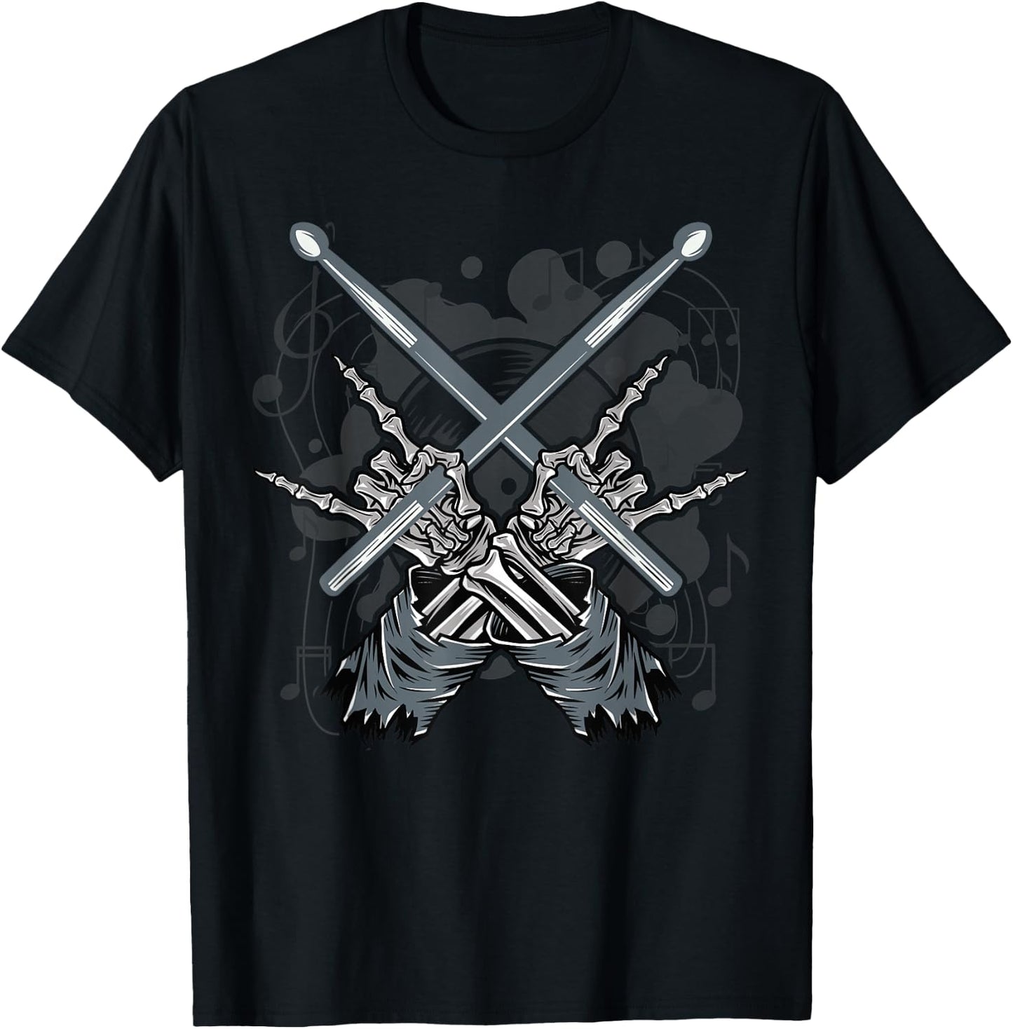 Drummer Drum Sticks Rock & Roll Skeleton Hand Horns T-Shirt - T-Shirt | Black