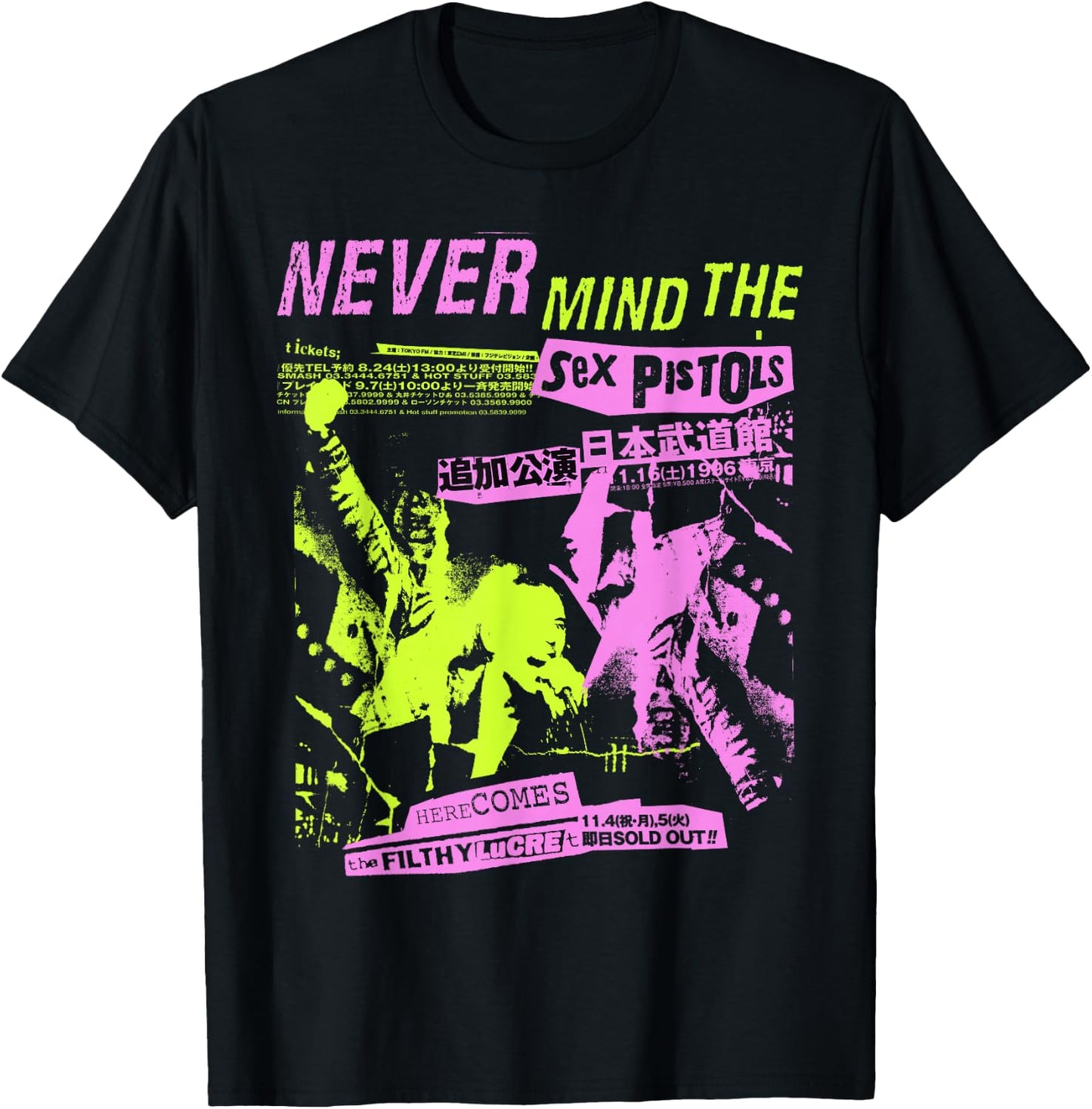 Sex Pistols Official Classic Japan Tour Pink Yellow T-Shirt - T-Shirt | Black