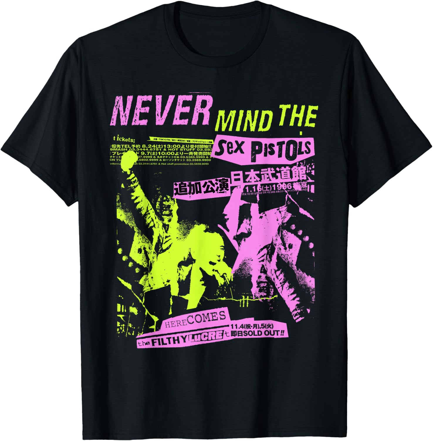 Sex Pistols Official Classic Japan Tour Pink Yellow T-Shirt - T-Shirt | Black