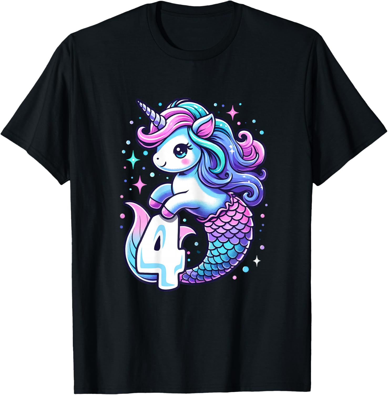 Unicorn Mermaid 4th Birthday 4 Year Old Party Girls Outfit T-Shirt - T-Shirt | Black