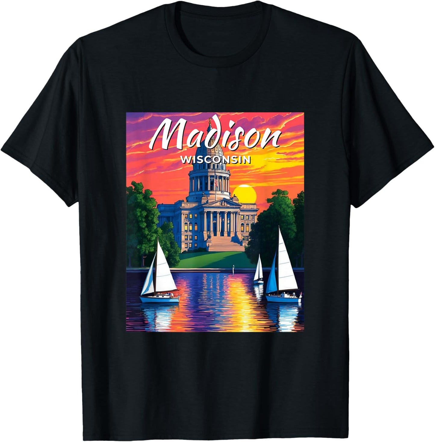 Madison Skyline Wisconsin State Capitol Sailboats Vintage T-Shirt - T-Shirt | Black