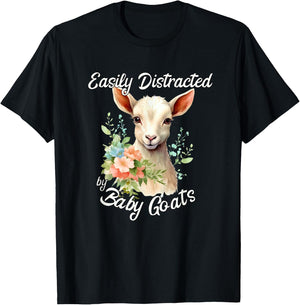 Easy Distracted by Baby Goats Cute Baby Goat and Flowers T-Shirt - T-Shirt | Black