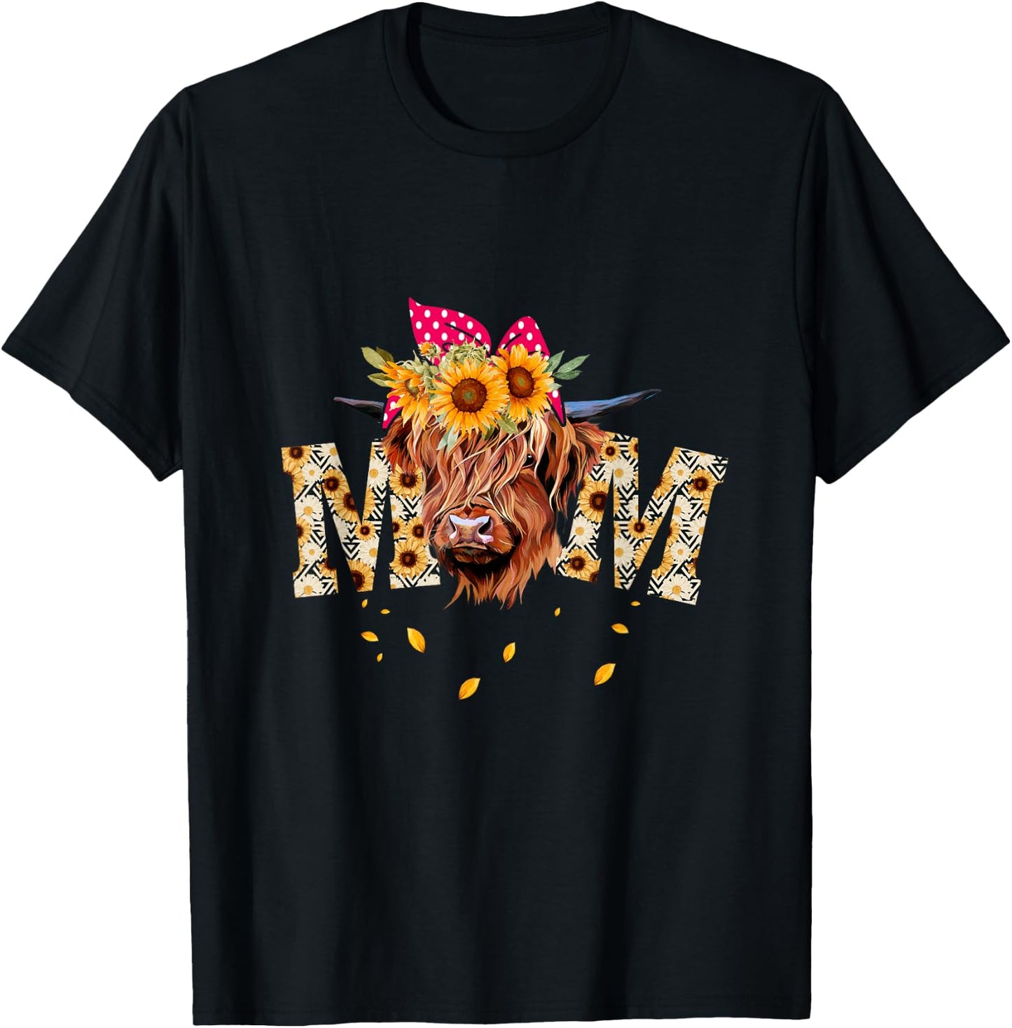 Vintage Sunflower Highland Cow Mom Heifer Mom Messy Bun Mom T-Shirt - T-Shirt | Black