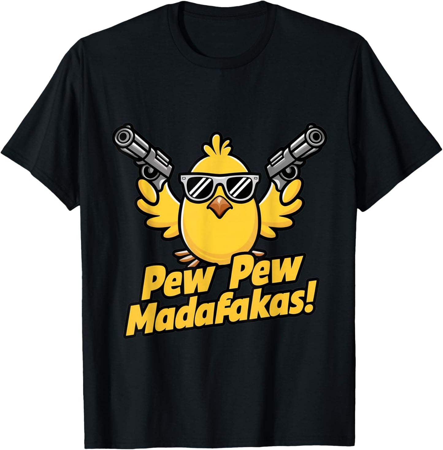Pew Madafakas Pew Retro Chick with Guns for Duck Enthusiasts T-Shirt - T-Shirt | Black