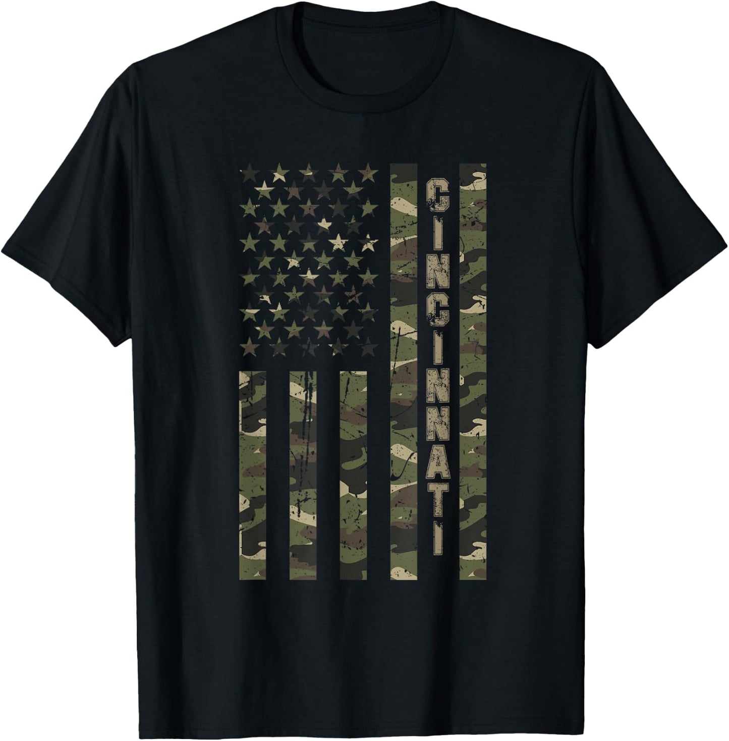 Cincinnati United States Distressed Camo w US Flag T-Shirt - T-Shirt | Black