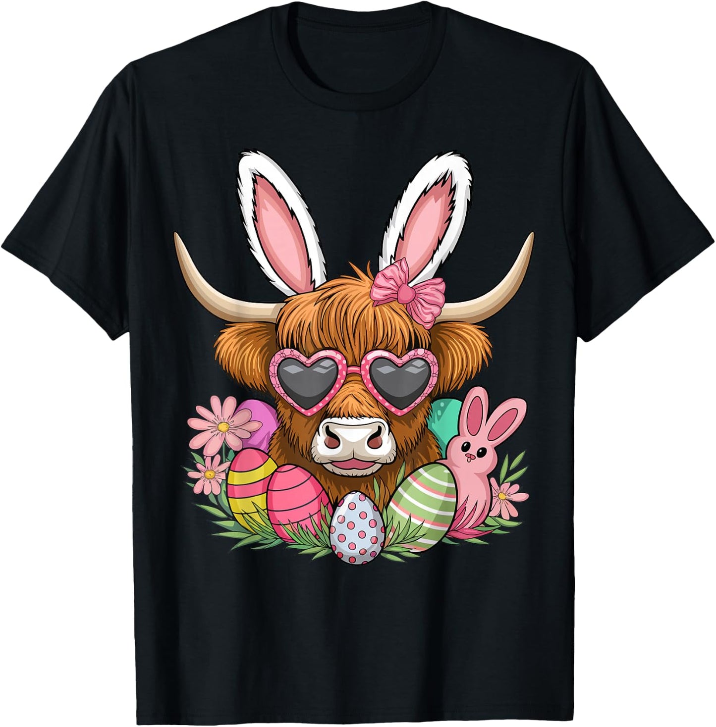 Easter Bunny Highland Cow Farmer Women Girls Easter Day T-Shirt - T-Shirt | Black