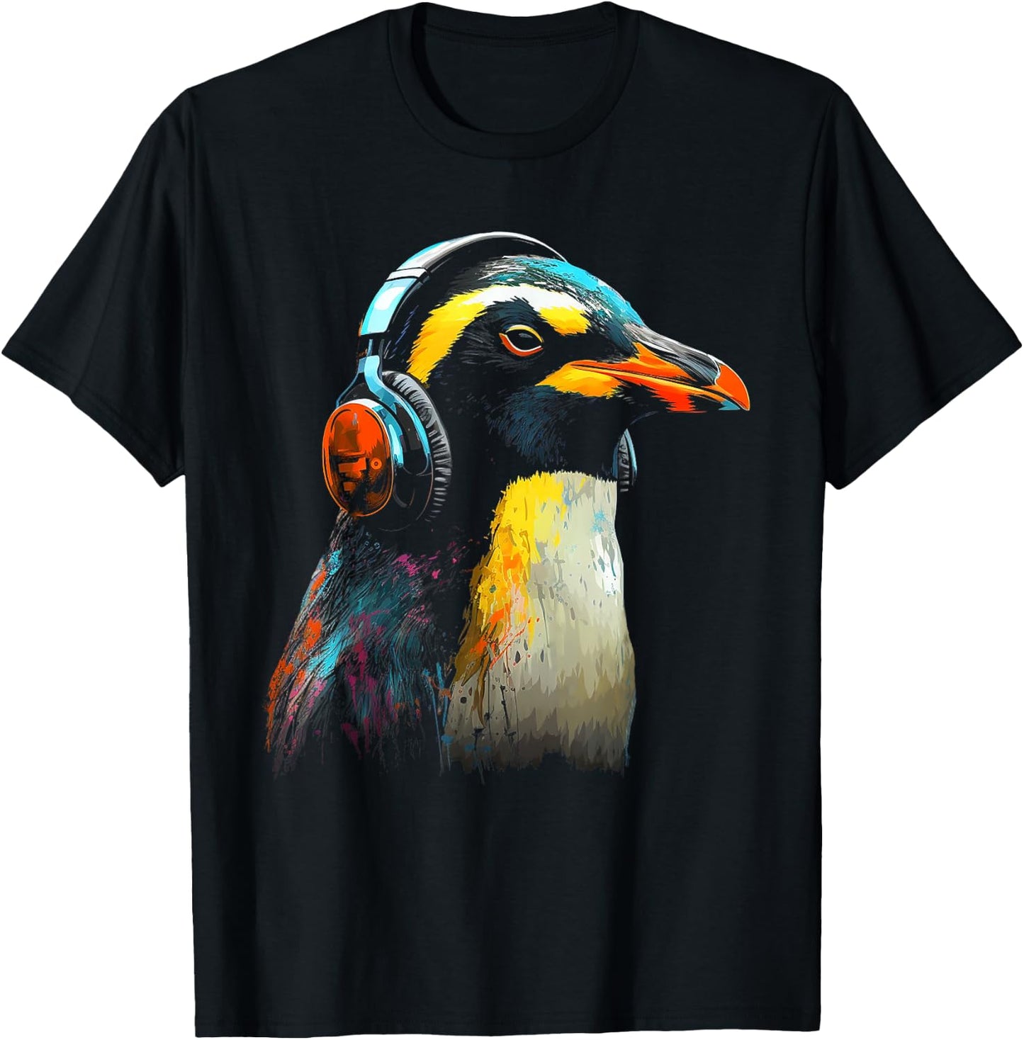 Penguin Headphones Artwork | Music Animal Motif Penguin T-Shirt - T-Shirt | Black