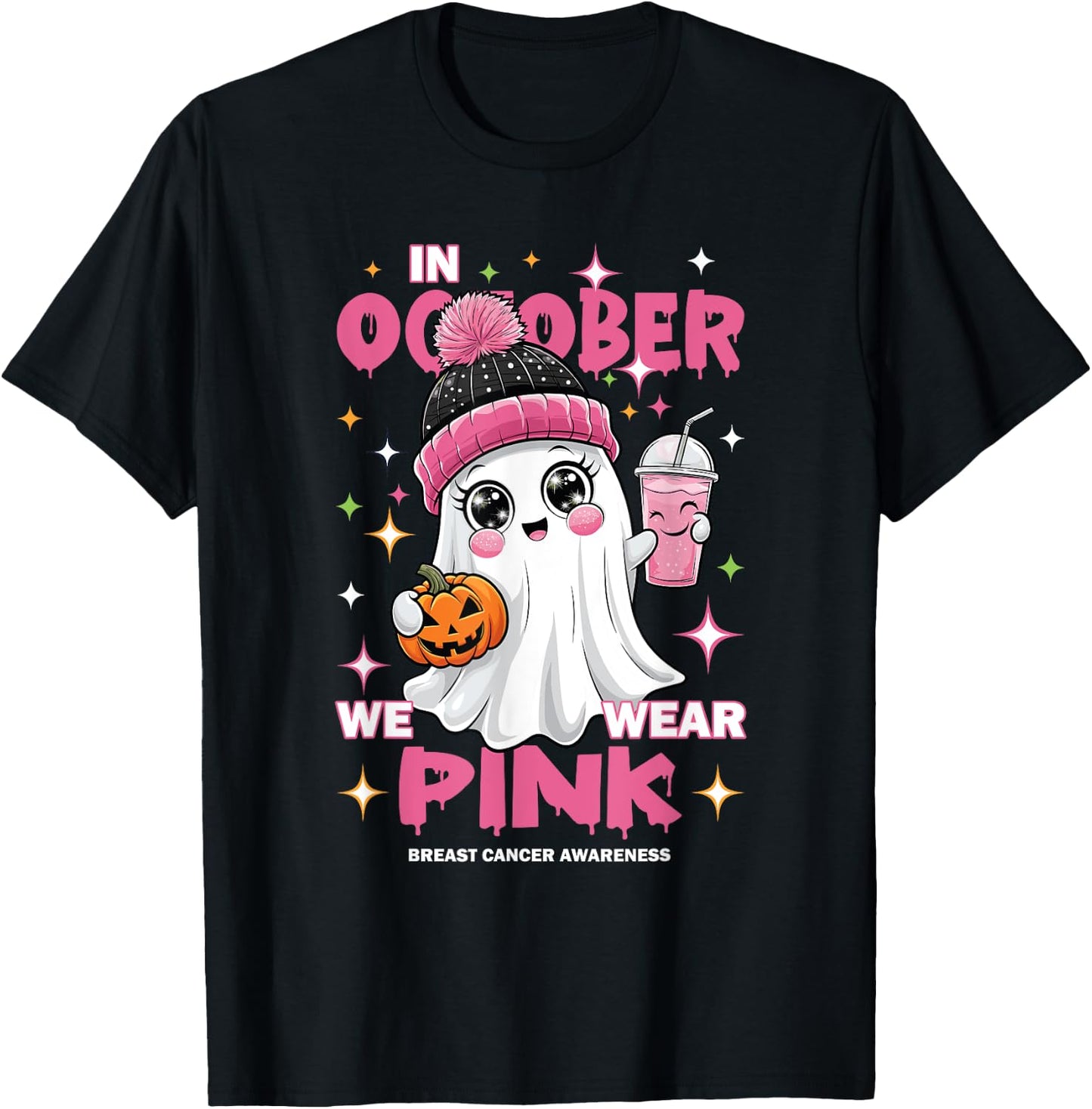 Pink October Halloween Ghost Breast Cancer Awareness T-Shirt - T-Shirt | Black
