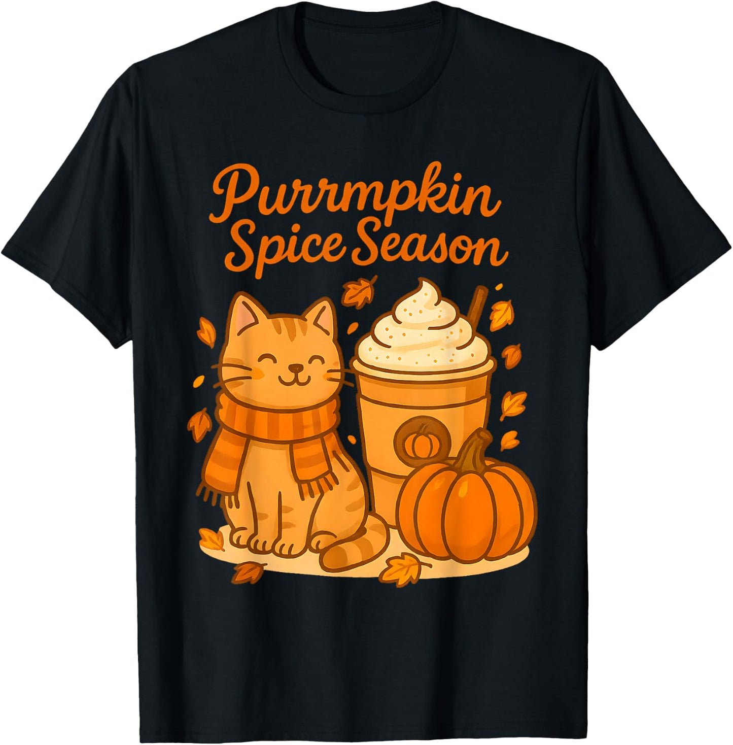 Cute Fall Cat Scarf Pumpkin Latte Purrmpkin Spice Season Pun T-Shirt - T-Shirt | Black