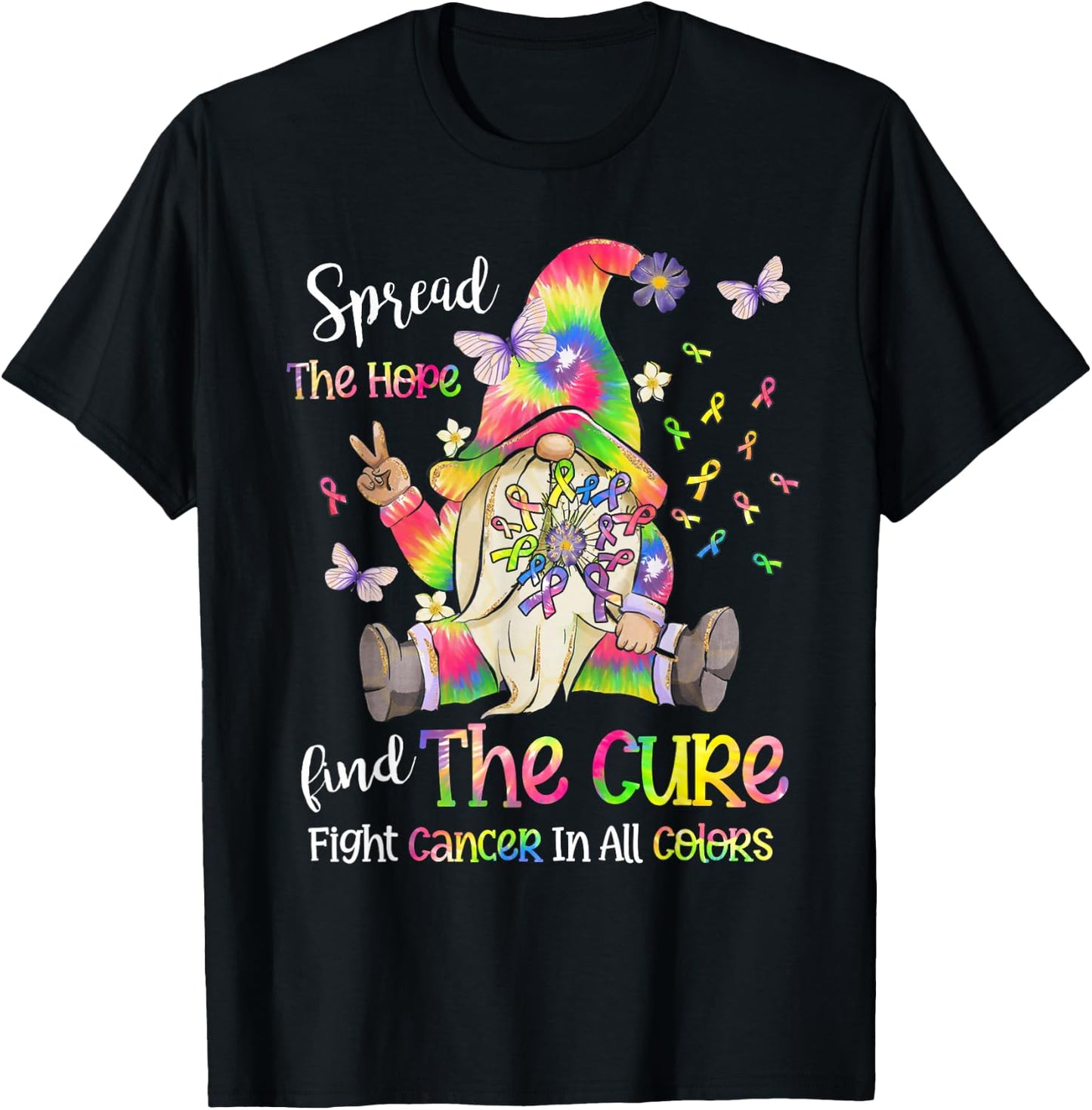 Fight Cancer In All Color Gnome Fight Cancer Ribbons T-Shirt - T-Shirt | Black