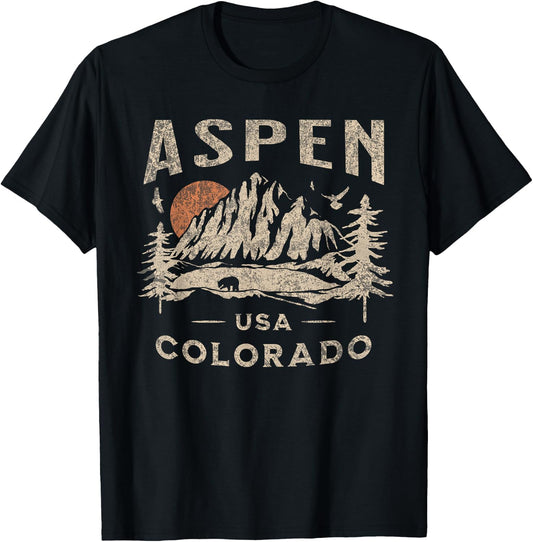 Aspen Colorado USA Outdoor Vintage - -Adults & Kids - Black - Short Sleeve - Cotton 60% Polyester 40% - Retro-Modern Design - Aspen Outdoor Hiking T-Shirt - T-Shirt | Black