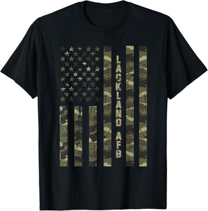 Lackland AFB United States Distressed Camo w US Flag T-Shirt - T-Shirt | Black