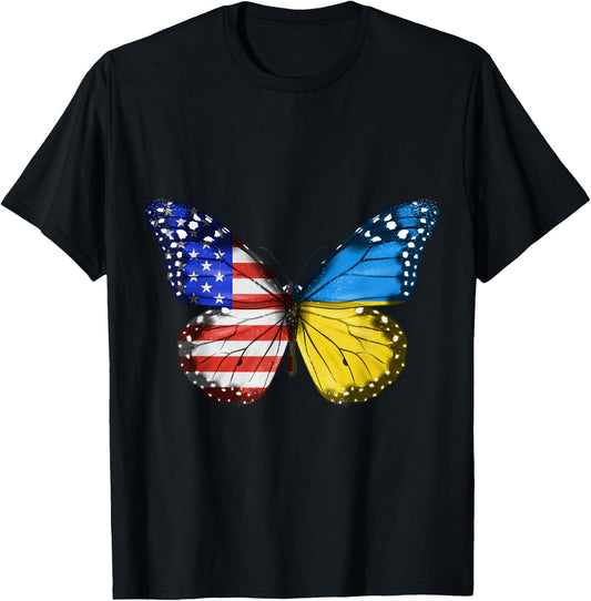 American Ukrainian Flag Butterfly America Ukraine T-Shirt - T-Shirt | Black
