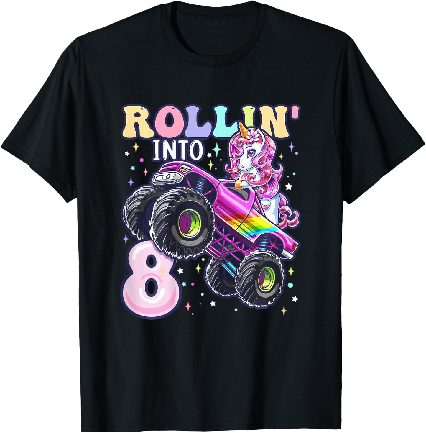 Unicorn Monster Truck 8th Birthday 8 Year Old Girls Party T-Shirt - T-Shirt | Black