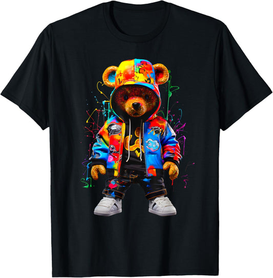 Hip-Hop Teddy Bear Hooded Colorful Hooded , black T-Shirt - T-Shirt | Black