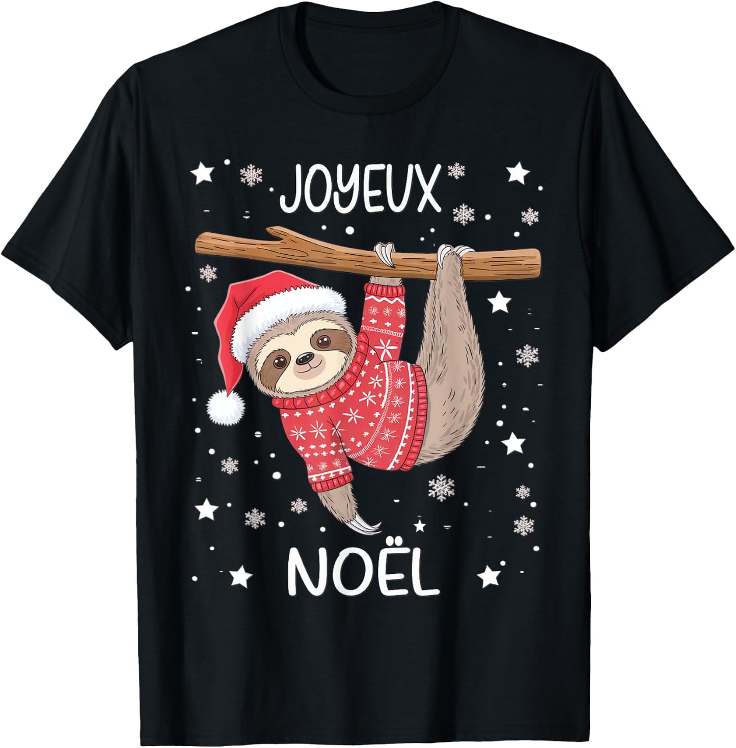Joyeux Noël French Sloth Hanging Merry Christmas T-Shirt - T-Shirt | Black
