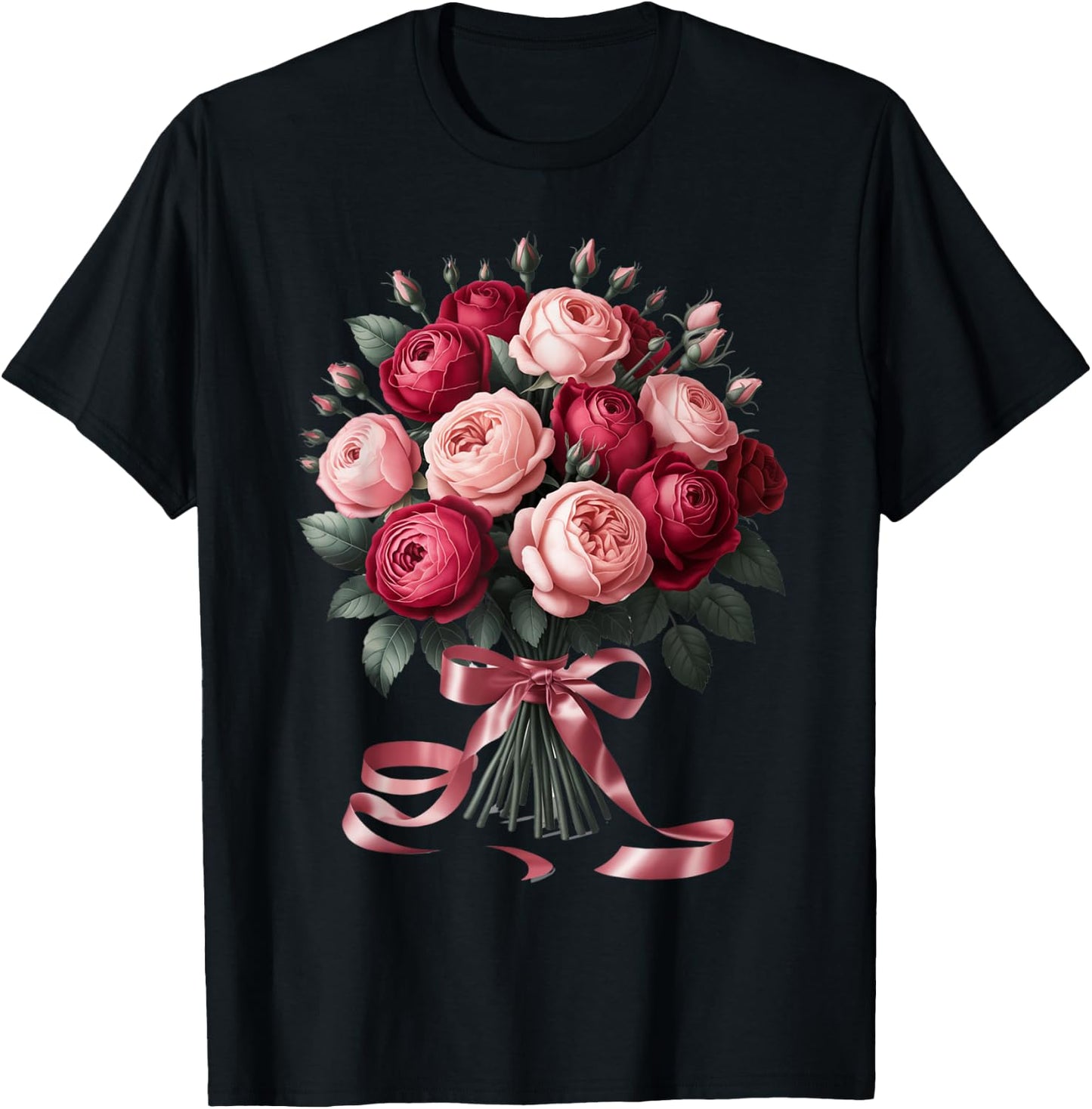 Blushing Rose Bouquet with Delicate Pink Ribbon T-Shirt - T-Shirt | Black