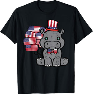 4th Of July Hippo US Flags Patriot Women Girls Boys Kids Men T-Shirt - T-Shirt | Black