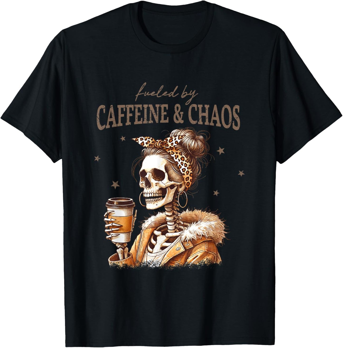 Fueled By Caffeine And Chaos Skeleton Art T-Shirt - T-Shirt | Black