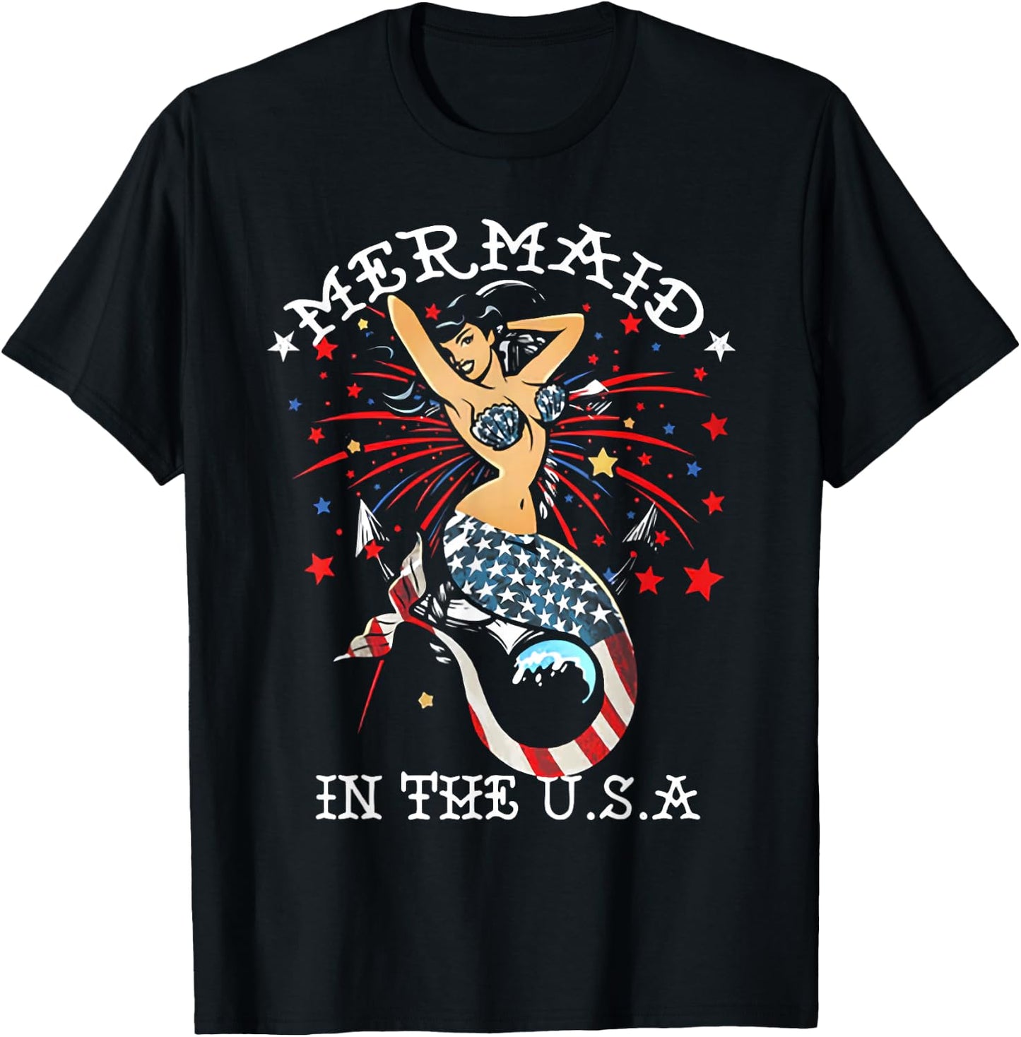 The Mermaid In The USA 4th Of July T-Shirt - T-Shirt | Black