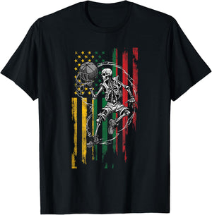 Lithuanian American Flag Skeleton Playing Basketball T-Shirt - T-Shirt | Black