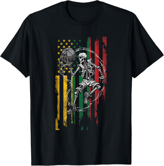 Lithuanian American Flag Skeleton Playing Basketball T-Shirt - T-Shirt | Black