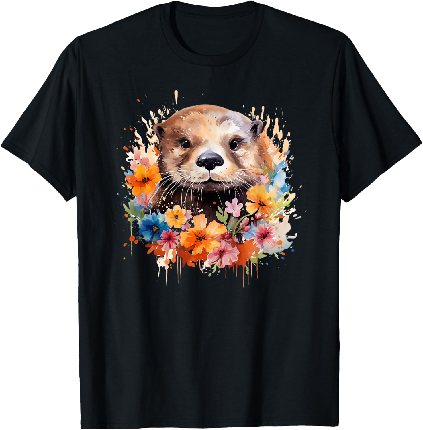Floral Otter Face Watercolor Painting Sea Otter Portrait T-Shirt - T-Shirt | Black