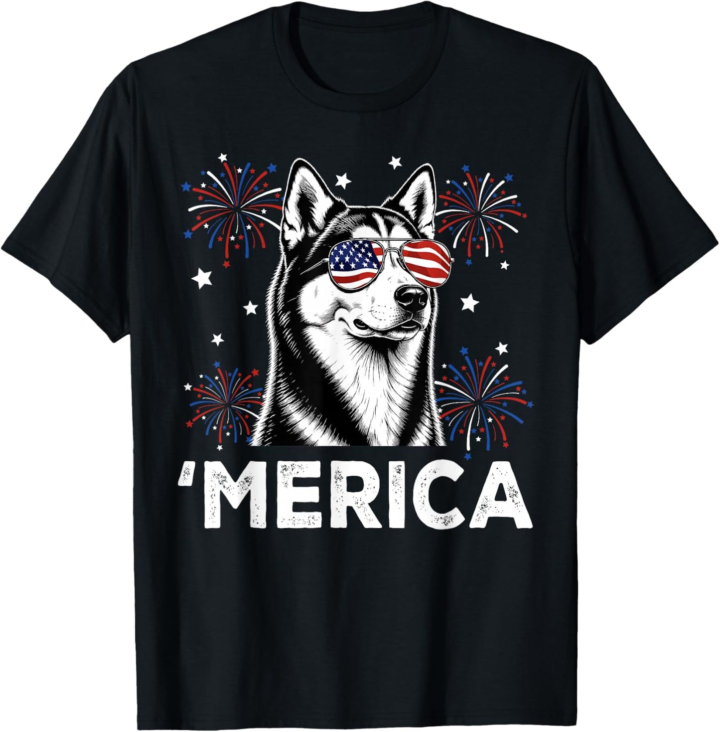 Siberian Husky Dog 'Merica Patriotic 4th of July USA Flag T-Shirt - T-Shirt | Black