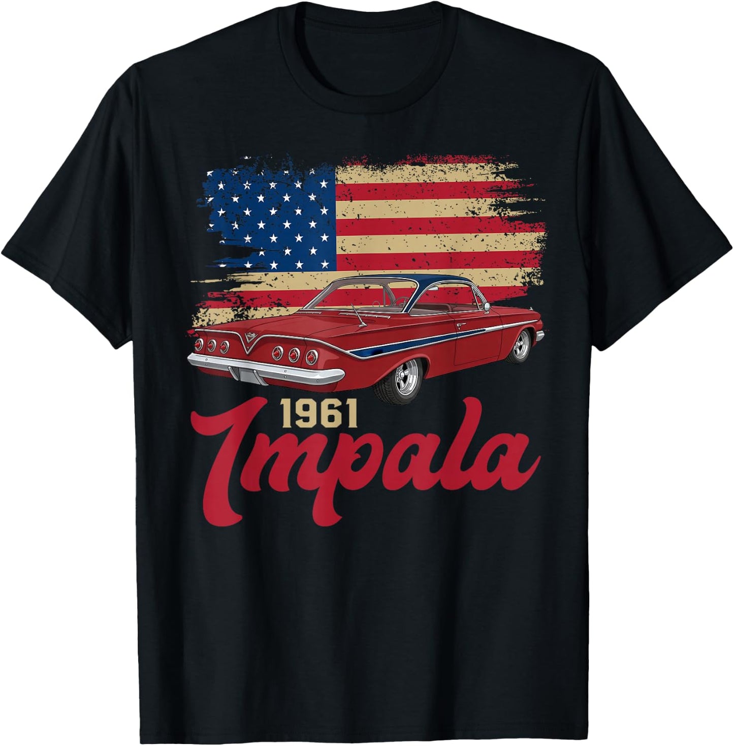 1961 61 Impala Old School Muscle Car American Flag T-Shirt - T-Shirt | Black