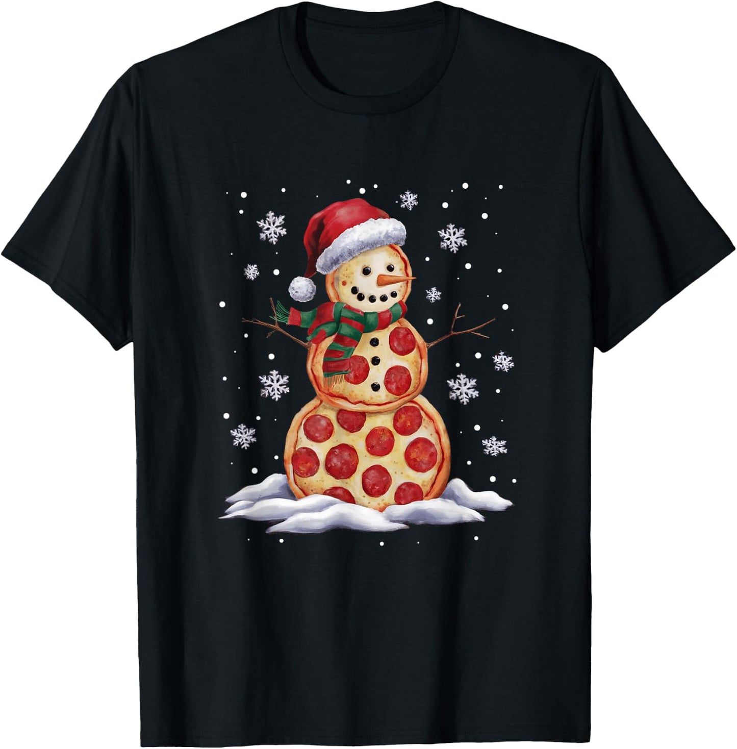 Pizza Snowman Santa Hat Christmas Pizza Party Funny Xmas T-Shirt - T-Shirt | Black