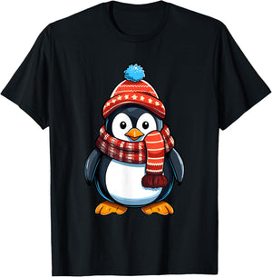 Cute Penguin Christmas Lights Santa Hat Xmas Pajama T-Shirt - T-Shirt | Black