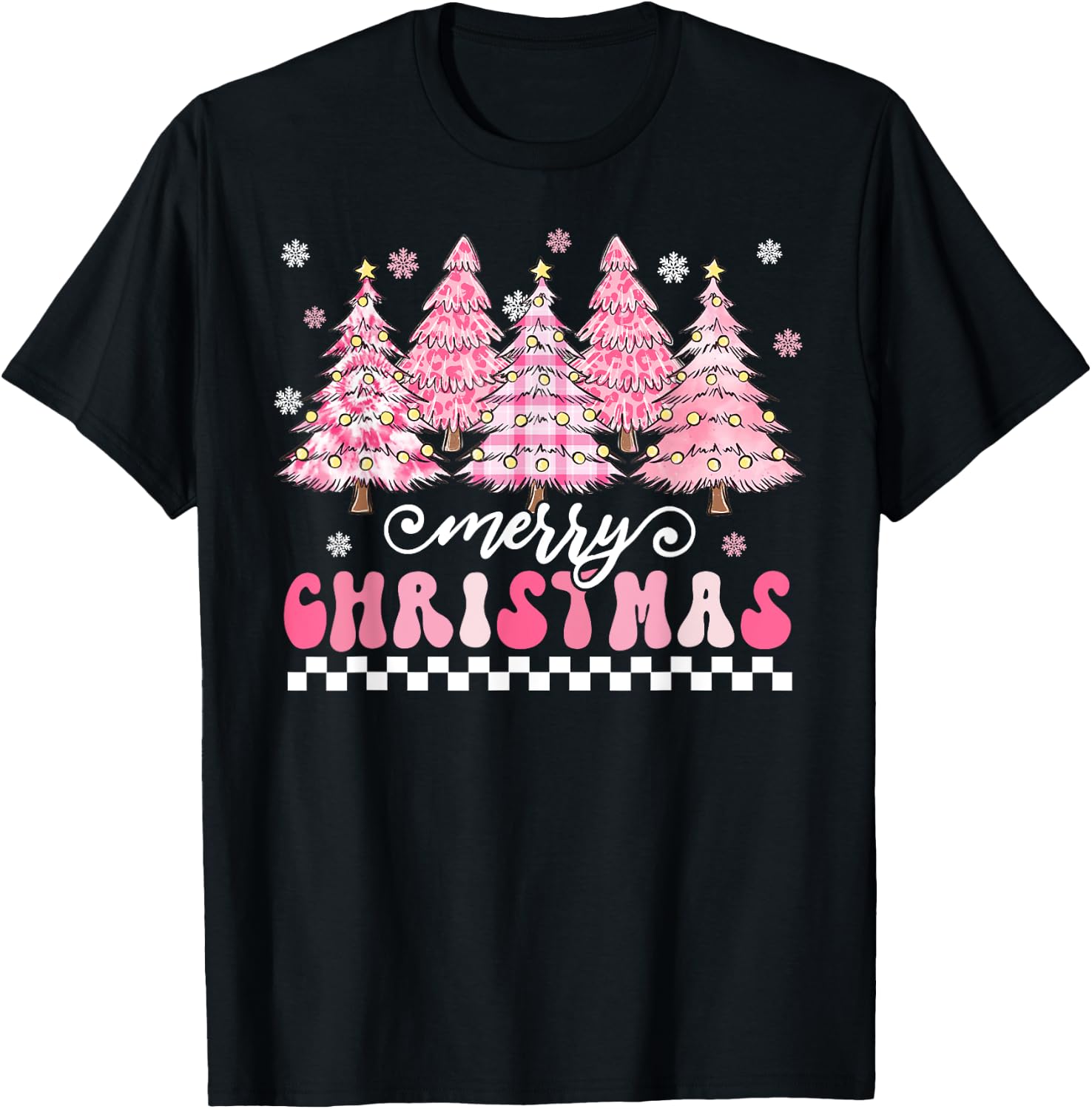 Cute Merry Pink Christmas Tree Xmas Trees Lights Women Girls T-Shirt - T-Shirt | Black