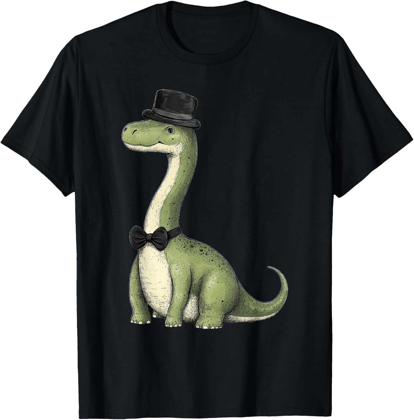 Brachiosaurus Dinosaur Wearing A Hat And Bowtie T-Shirt - T-Shirt | Black